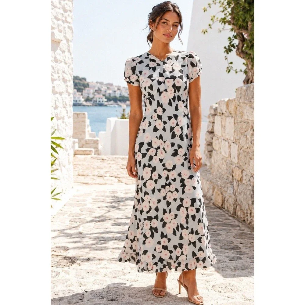 J Crew Ramie Midi Dress Womens 2 Pink Ruffle Hem Poppy Floral V Neck CT303